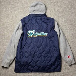 Miami Dolphins Quilted Hooded Jacket NFL Pro Line Mens L Navy Blue Waffle Sleeve